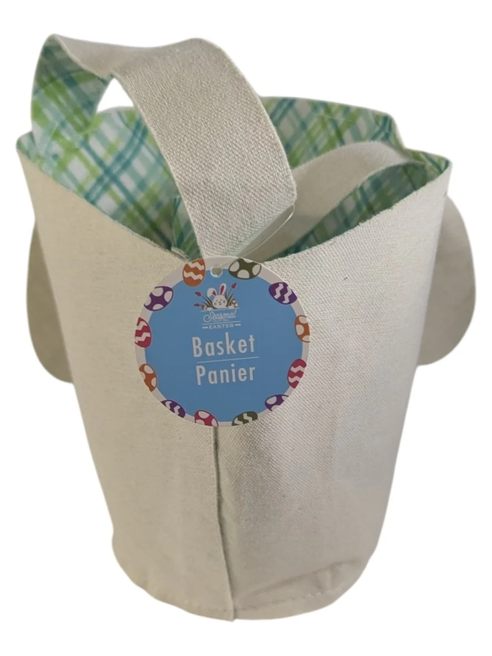 Bunny FaceTreat Basket Cream Green Plaid Ears Cloth Canvas Like
